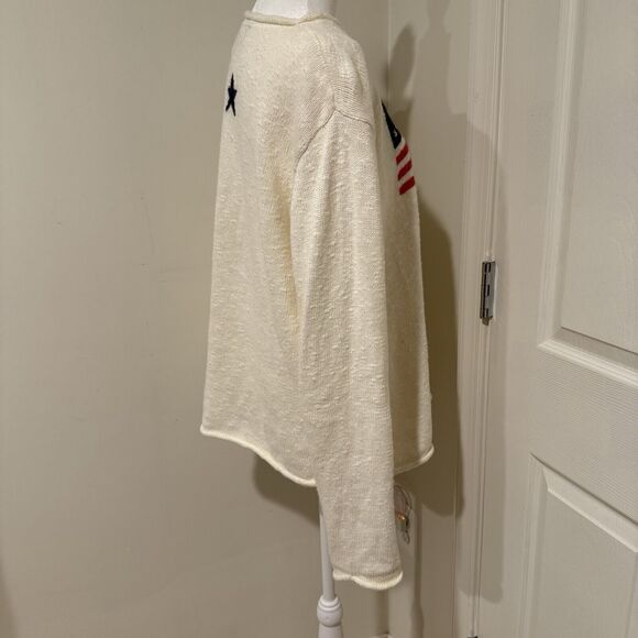 Denim & Co Sz L Ivory USA Star Antique Flag Art-to-Wear Sweater - Picture 5 of 9